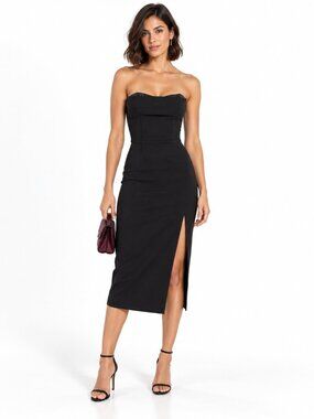 ASTR The Label Melani Split Hem Midi Dress Black XS